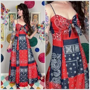 Vintage 1970s Red and Blue Bandana Print Maxi Sundress